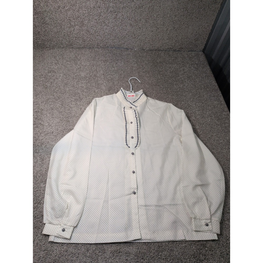 Vintage Cos Cob Polka‎ Dot Ruffle Tuxedo Blouse Cream Navy Blue Long Sleeve L